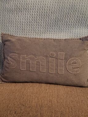 Smile Embroidered Decorative Pillow - Gray